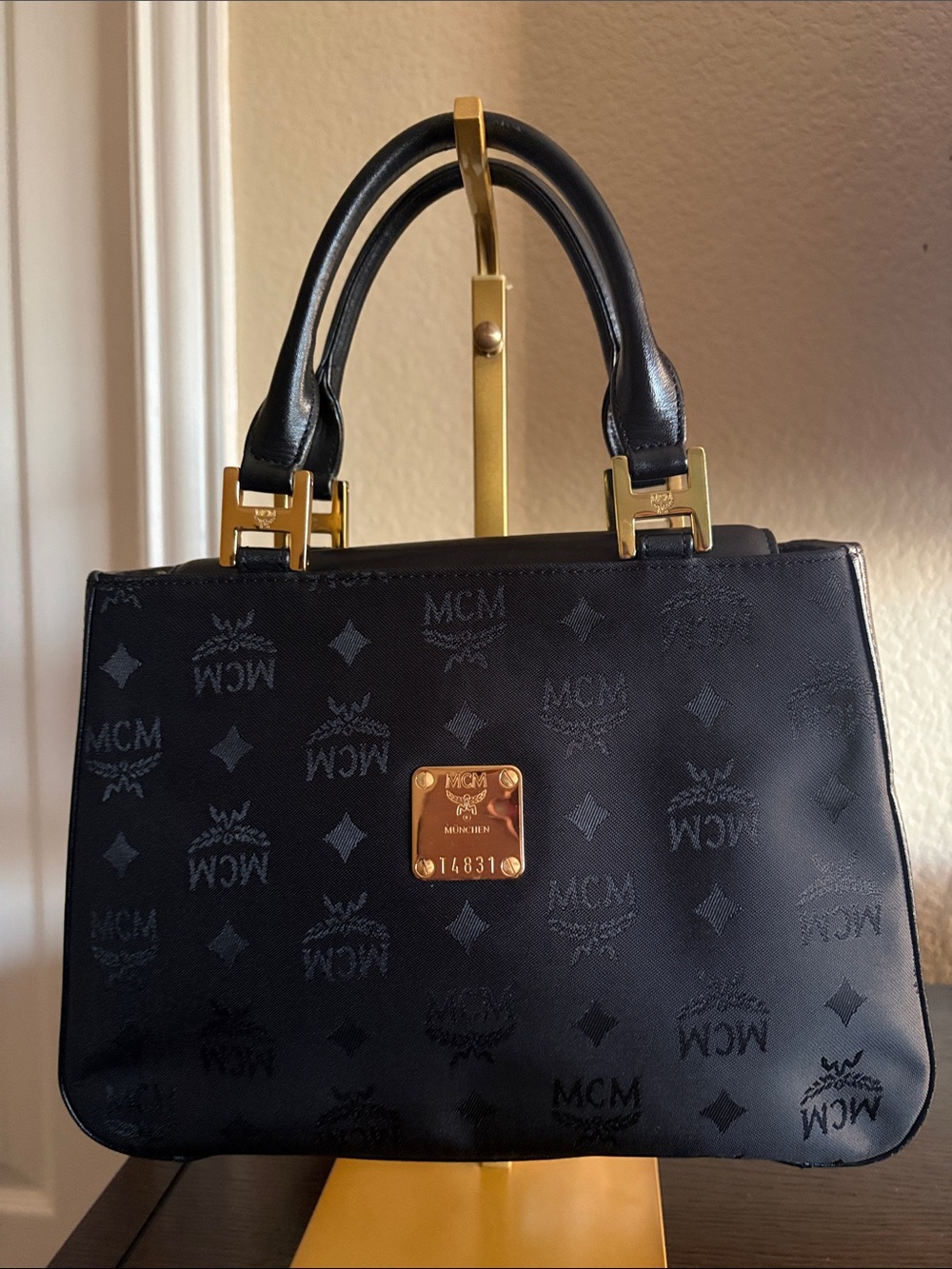 MCM Patricia Monogram Jacquard Top Handle Satchel – Black/Gold Hardware
